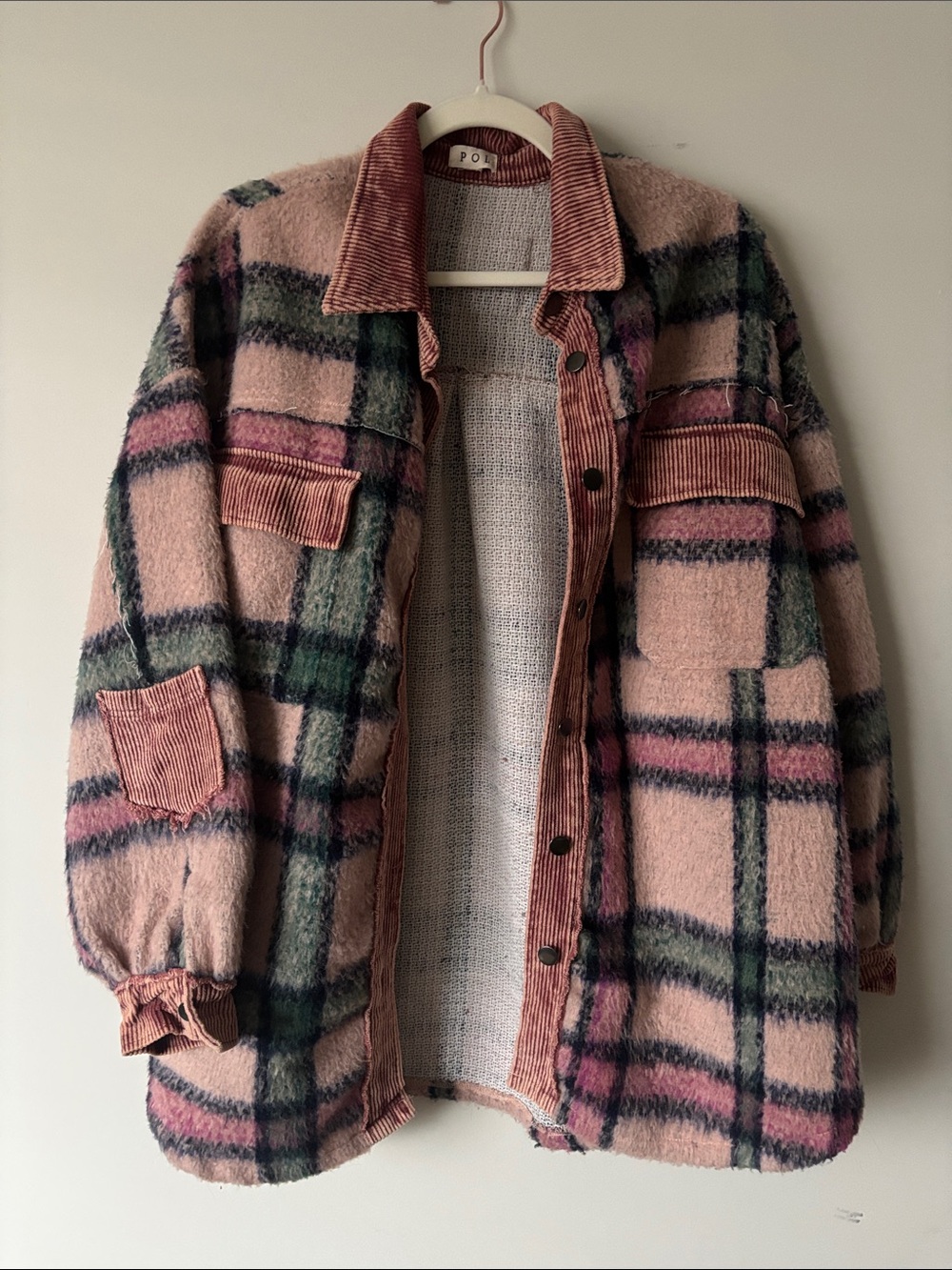 POL Pink Plaid Teddy Shacket